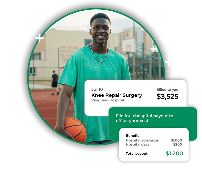 young black man on basketball court, overlay showing the cost of his knee surgery